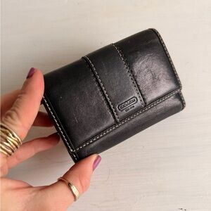 Coach Black Leather Compact Wallet with Contrast Stitching